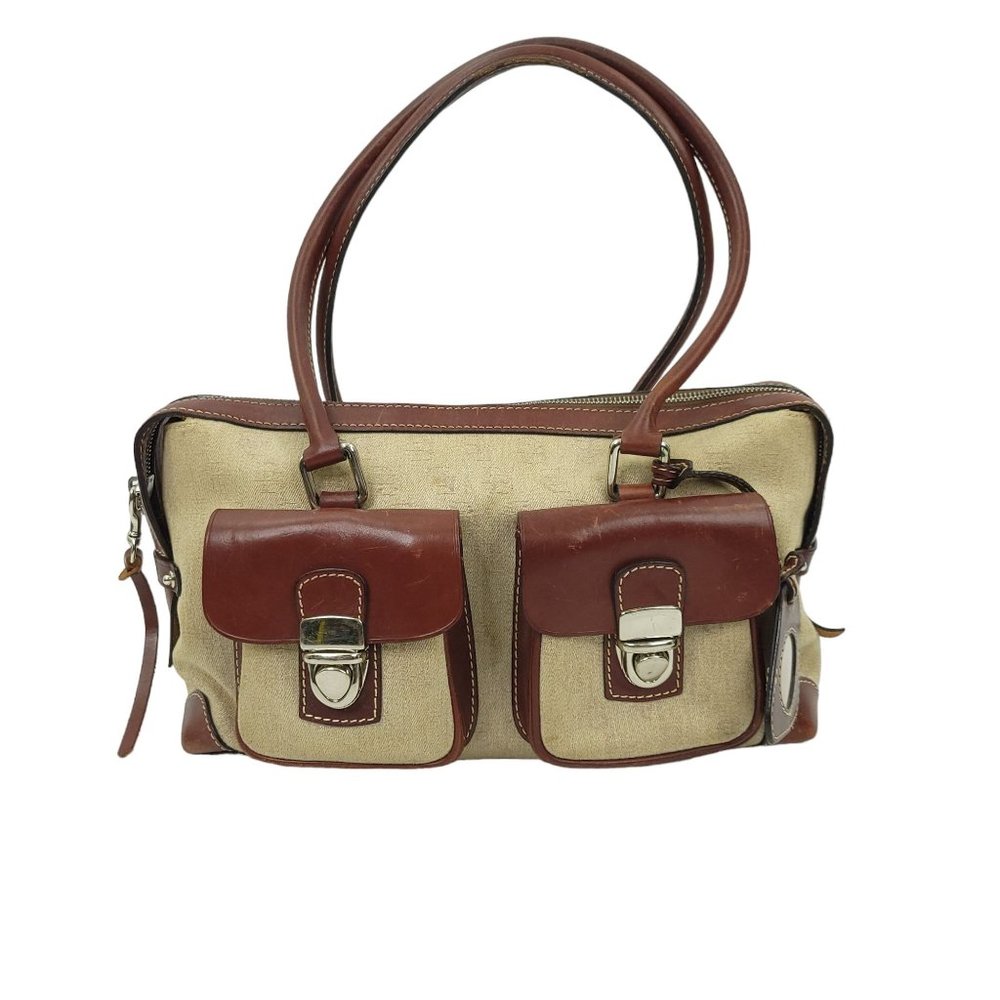 Dooney & Bourke Handbag Vintage Brown Bag Leather Signature Taupe Canvas Satchel